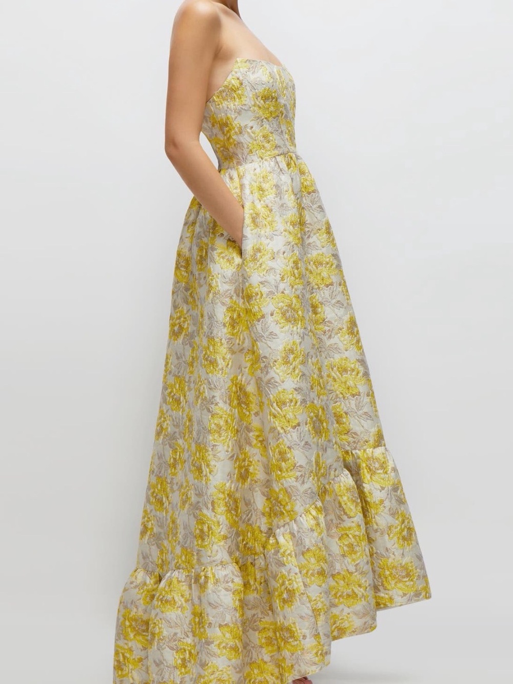 Dressy Collection Strapless Floral A-Line Maxi Dress in Yellow and Cream